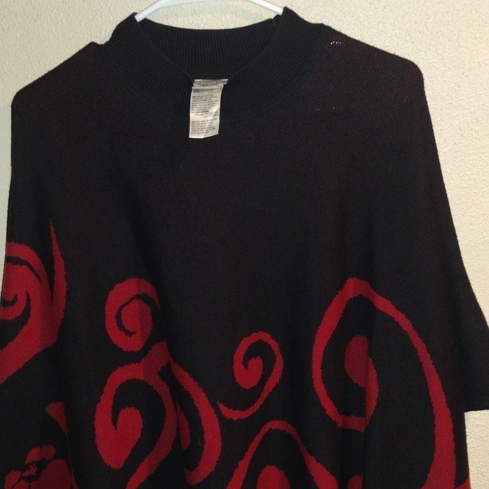 Chico’s Red and Black Popover Poncho with Swirl Design Cotton Blend S/M - Picture 4 of 7